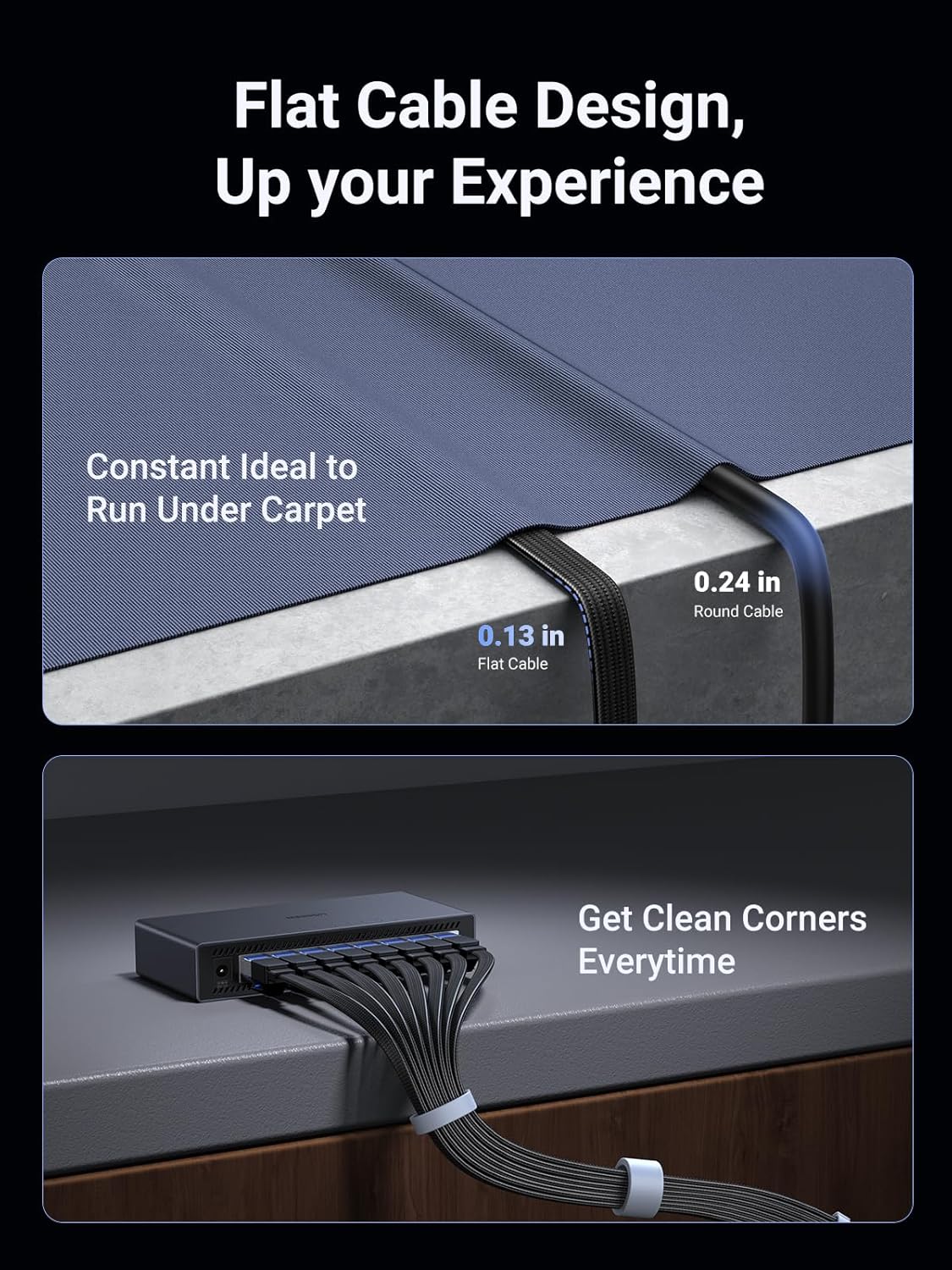 UGREEN Cat 8 Ethernet Cable 5m 40Gbps 2000Mhz High Speed 26AWG Braided Internet Wire Flat Network Cord Black RJ45