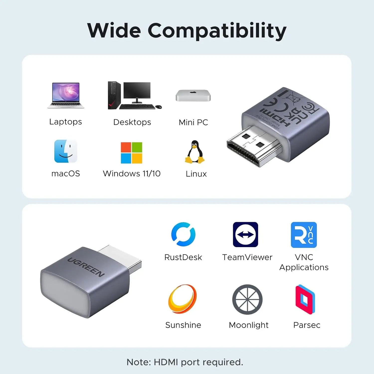 UGREEN HDMI Dummy Plug 4K@60Hz 2K@60Hz 1080P@120Hz EDID Emulator Virtual Monitor Headless Adapter for Remote PC Laptop