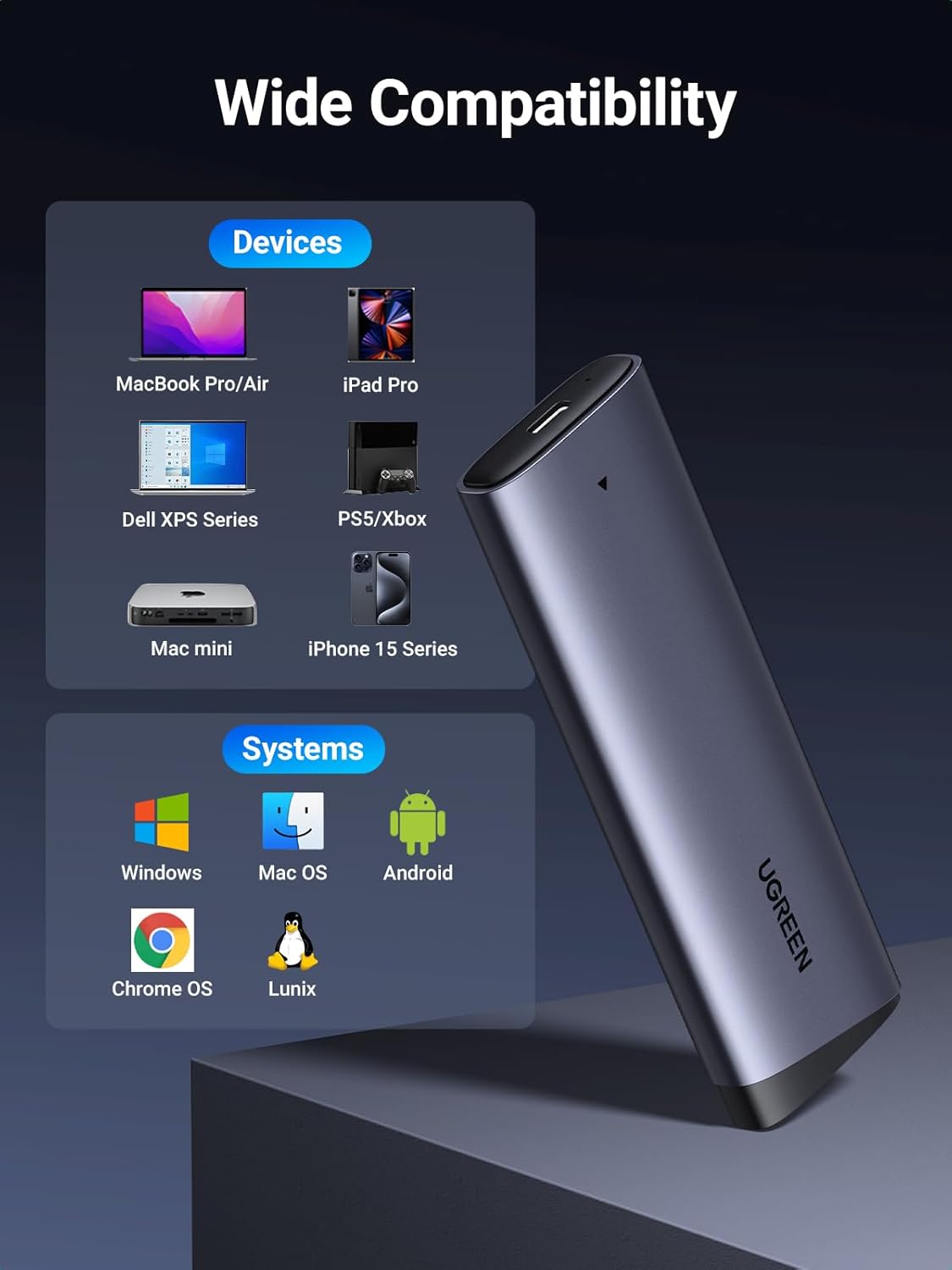 UGREEN M.2 NVMe Enclosure 10Gbps USB C 3.2 Gen 2 for M and M&B Key NVME PCIe Adapter Aluminum External Hard Drive Case