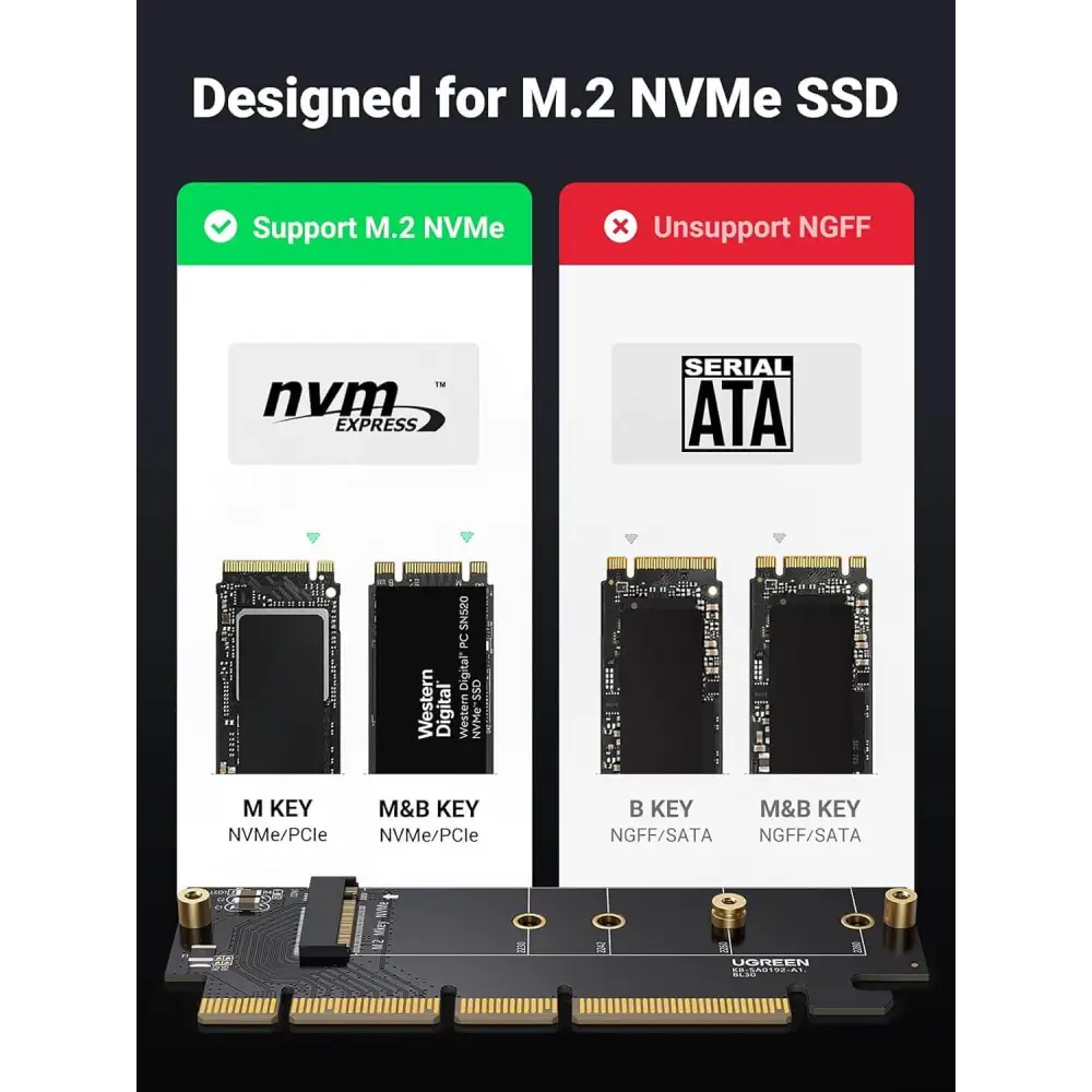 UGREEN NVMe PCIe Adapter M.2 SSD to 4.0 X16/X8/X4 Card with Heat Sink for M-Key and M&B-Key 2280/2260/2242/2230