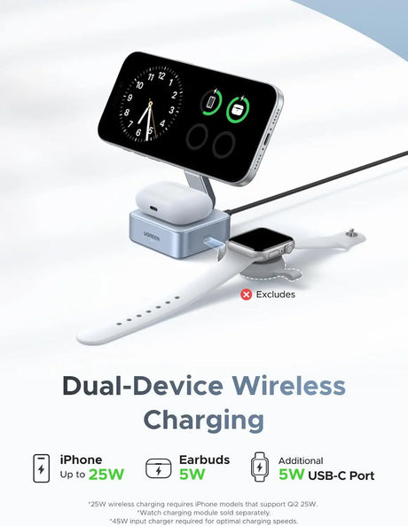 UGREEN Qi2 25W MagFlow 2-in-1 Magnetic Wireless Charger MagSafe Compatible 70° Adjustable and Travel-Friendly