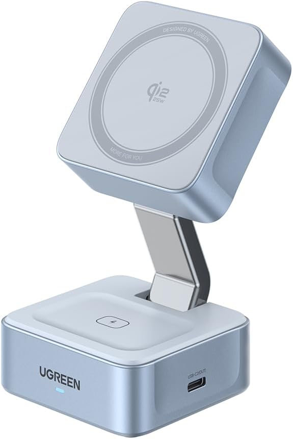 UGREEN Qi2 25W MagFlow 2-in-1 Magnetic Wireless Charger MagSafe Compatible 70° Adjustable and Travel-Friendly