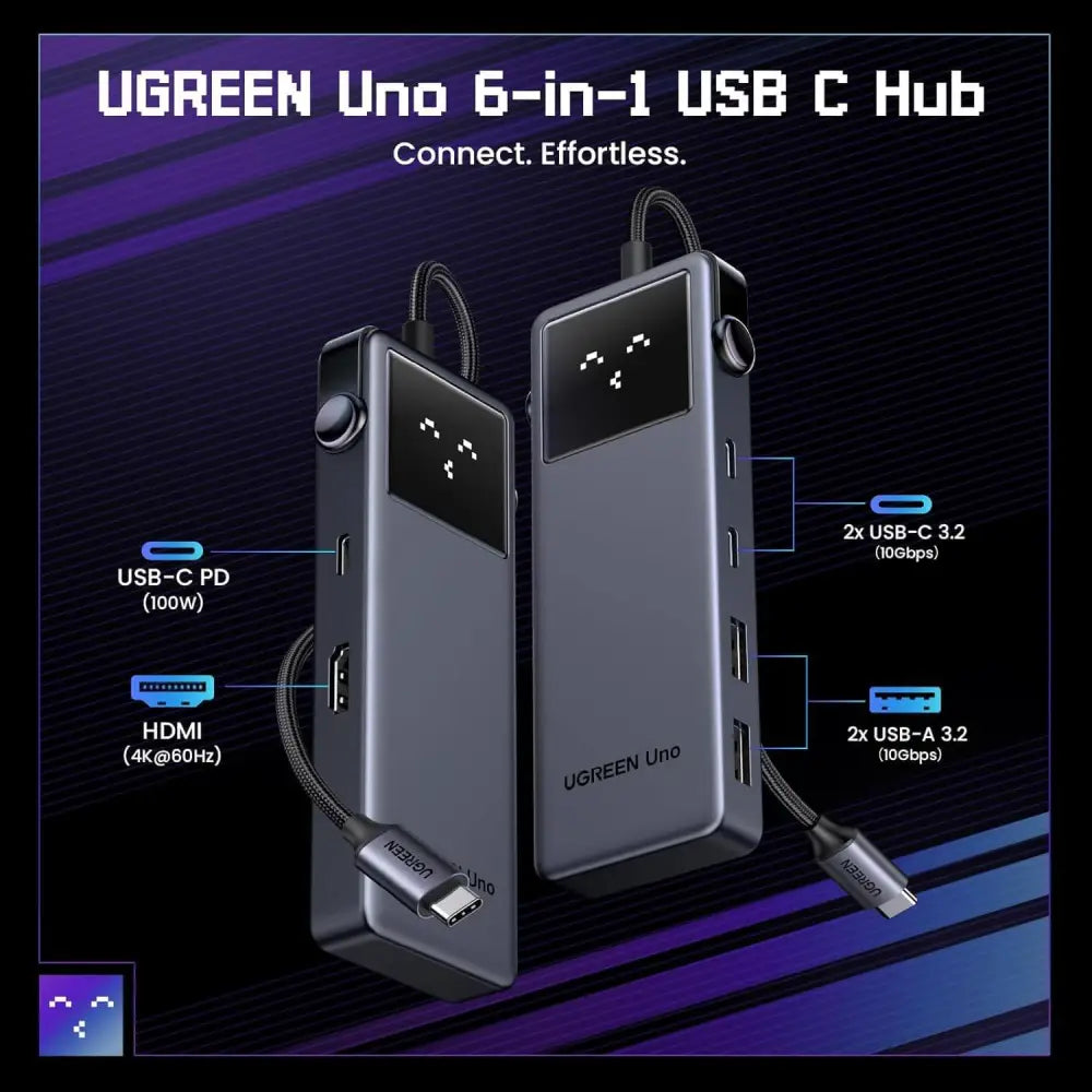 UGREEN Uno USB C Hub 6-in-1 Type Adapter with 4K@60Hz HDMI Display 100W Delivery 10Gbps 2 C& A Data Ports for M2/M3