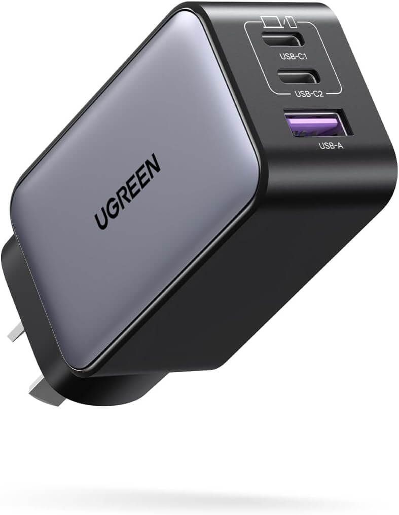 UGREEN 65W USB C Charger with 3 ports, compact design, fast charging for multiple devices including MacBook and Galaxy.