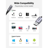 UGREEN USB to 3.5mm Audio Jack A Sound Card Adapter Support Mic TRRS Headphone DAC Chip Aux Nylon Braided Cable