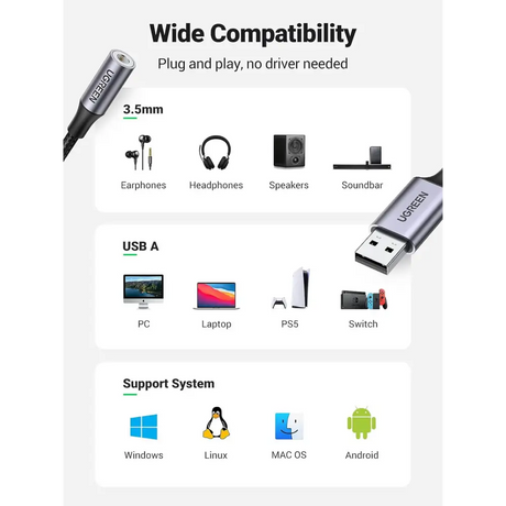 UGREEN USB to 3.5mm Audio Jack A Sound Card Adapter Support Mic TRRS Headphone DAC Chip Aux Nylon Braided Cable