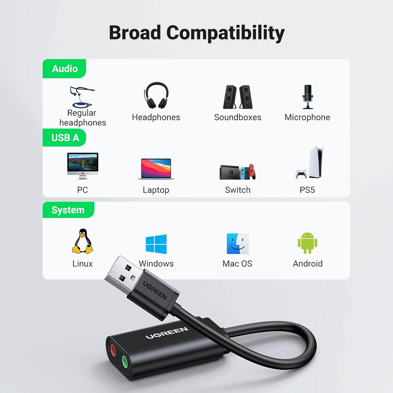 UGREEN USB to Audio Jack Sound Card Adapter with Dual TRS 3-Pole 3.5mm Headphone and Microphone USB to Aux 3.5mm