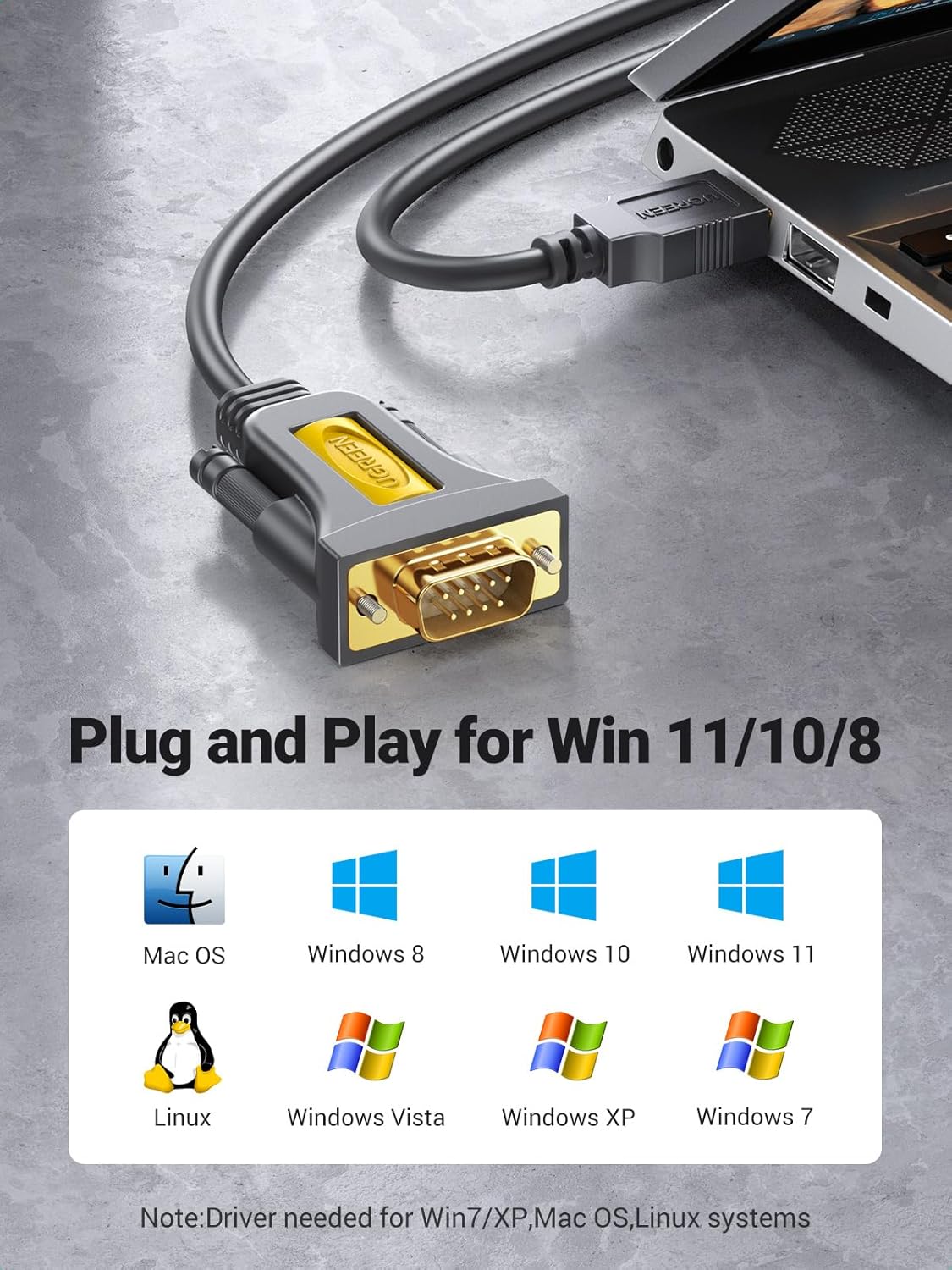 UGREEN USB to RS232 DB9 9 Pin Male Serial Adapter Cable with PL2303 Chipset Compatible Windows 11 10 8.1 8 7 XP Vista