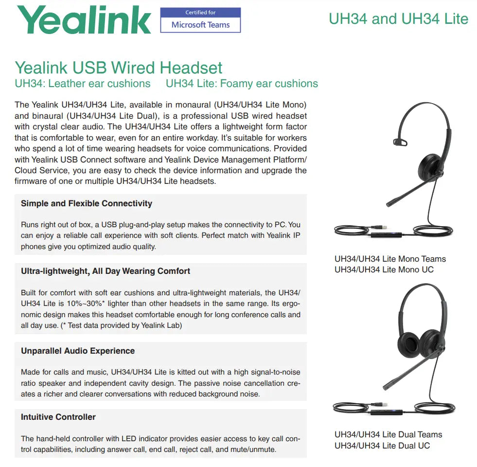 Yealink UH34 Lite Dual Teams USB Headset Lightweight All Day Wearing Comfort Ear Wideband Noise Cancelling Microphone