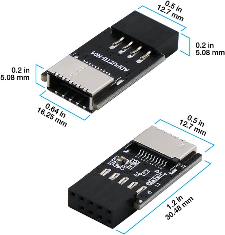 USB 2.0 Internal Header (9-Pin) to USB 3.1/3.2 Type-C (20-Pin) A-Key Front Panel 180 Degrees Adapter Extend USB Type E