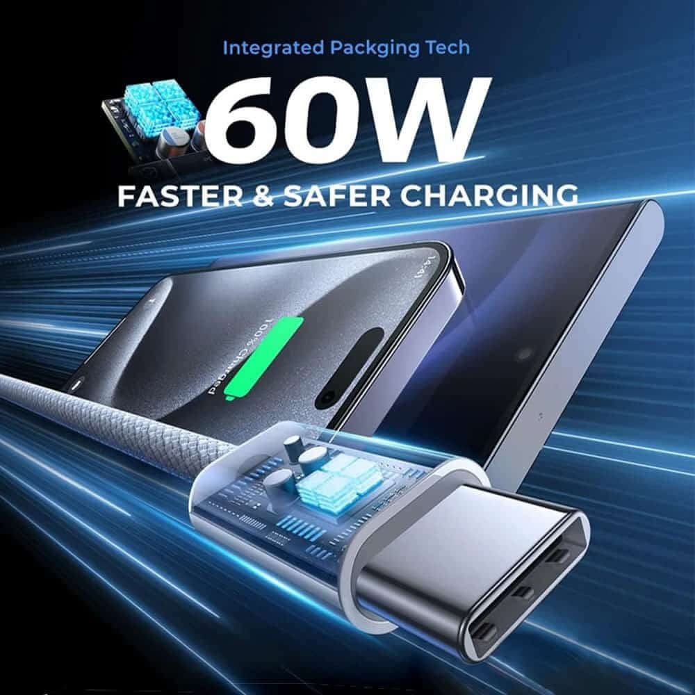 USP Braided USB-C to USB-C PD 60W High Density Fast Charge Cable (20cm) White - 3A Fast & Safe Charge,Strong &