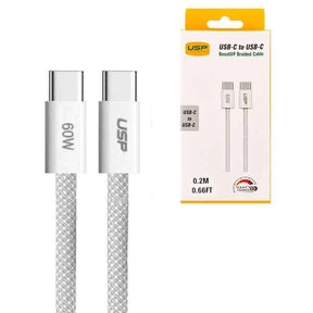 USP Braided USB-C to PD 60W High Density Fast Charge Cable (20cm) White - 3A & Safe Charge,Strong Durable,Samsung