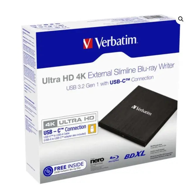 Verbatim External Slim Blue-ray Writer Ultra HD 4K Type-C Connection USB 3.1 Gen1. Includes Nero Burning Software.