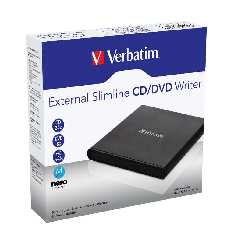 Verbatim External Slimline DVD / CD Writer Burner Reader Player Ultra Portable for Notebooks Nero Software USB Powered