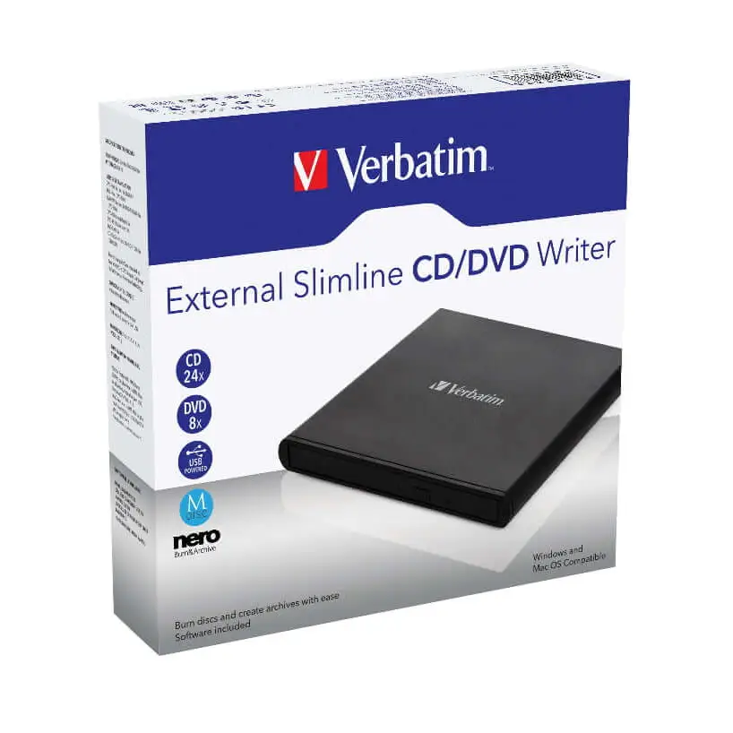 Verbatim External Slimline DVD / CD Writer Burner Reader Player Ultra Portable for Notebooks Nero Software USB Powered