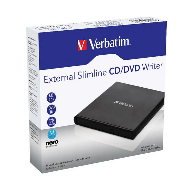 Verbatim External Slimline DVD / CD Writer Burner Reader Player Ultra Portable for Notebooks Nero Software USB Powered