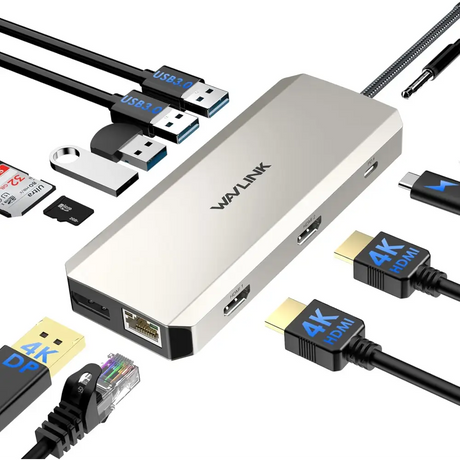 WAVLINK 12-in-1 USB C Docking Station Triple Monitor Hub Dual HDMI Adapter Type Multiport Display 4K DisplayPort