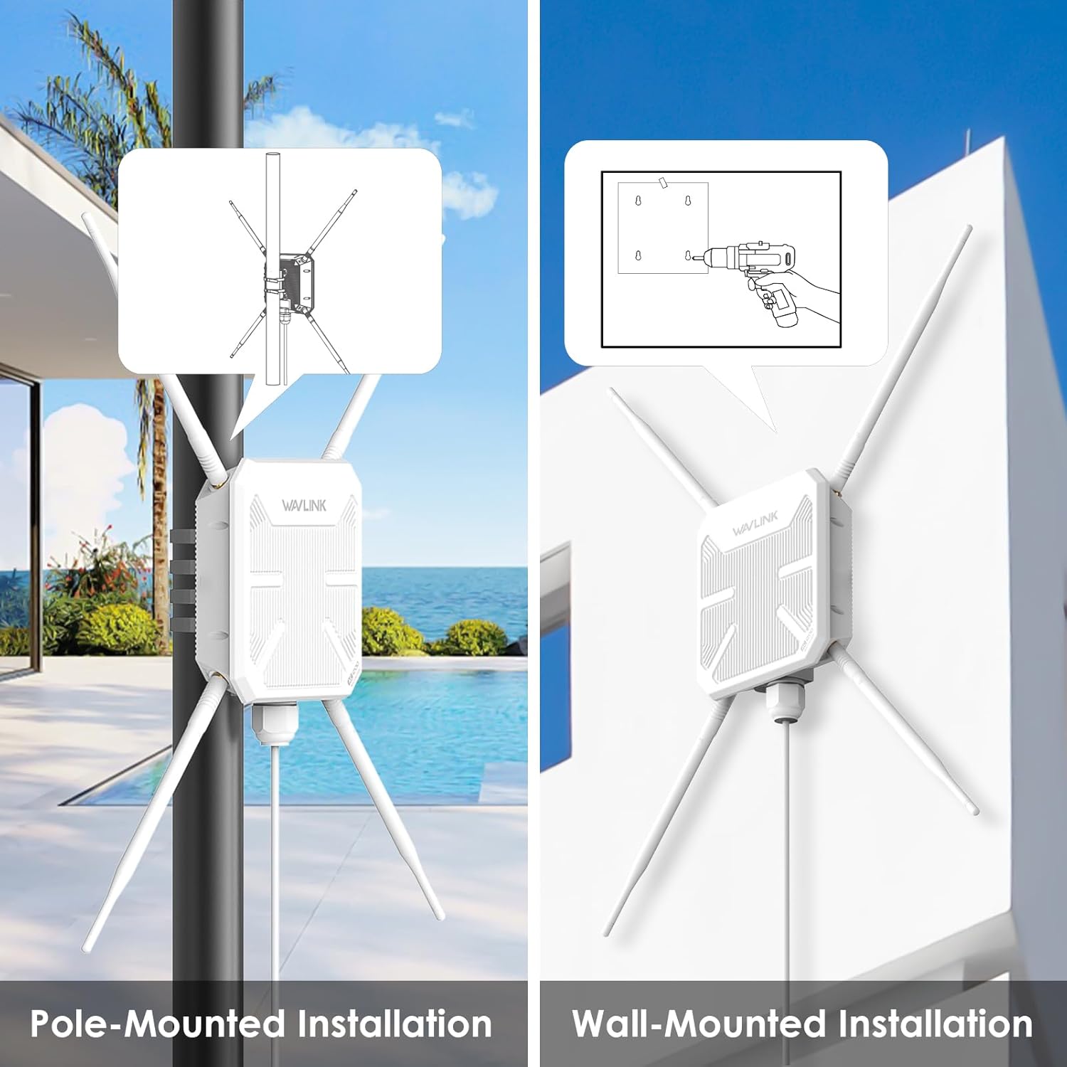 WAVLINK AC1200 Outdoor WiFi Extender Long Range Dual-Band Access Point/Repeater/Router with 4x7dBi Omni Antennas PoE