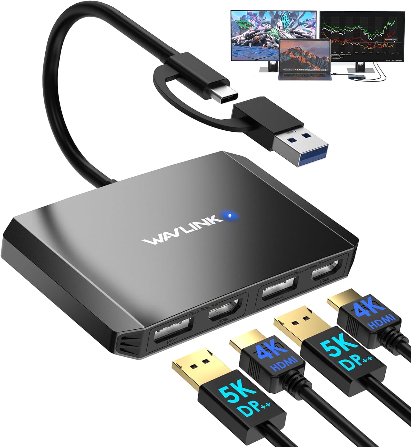 WAVLINK DisplayLink USB 3.0 or C to DisplayPort HDMI Adapter Dual 5K/4K@60Hz 4IN1 Monitor Hub for Dell HP Surface
