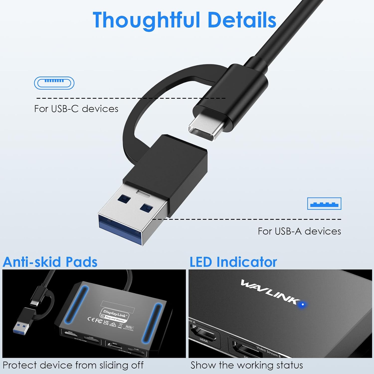 WAVLINK DisplayLink USB 3.0 or C to DisplayPort HDMI Adapter Dual 5K/4K@60Hz 4IN1 Monitor Hub for Dell HP Surface
