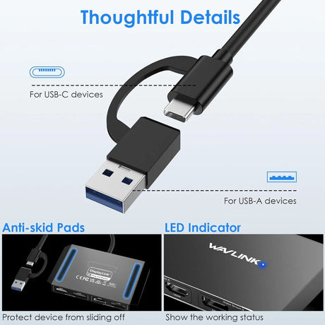 WAVLINK DisplayLink USB 3.0 or C to DisplayPort HDMI Adapter Dual 5K/4K@60Hz 4IN1 Monitor Hub for Dell HP Surface