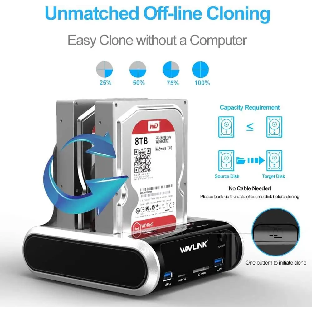 WAVLINK USB 3.0 to SATA Dual Bay Hard Drive Docking Station with Offline Clone Function for 2.5’’/3.5’’ HDD SSD Support