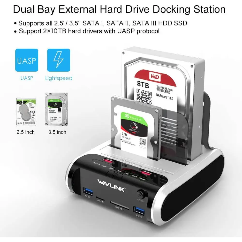 WAVLINK USB 3.0 to SATA Dual Bay Hard Drive Docking Station with Offline Clone Function for 2.5’’/3.5’’ HDD SSD Support