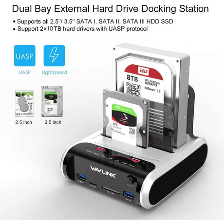 WAVLINK USB 3.0 to SATA Dual Bay Hard Drive Docking Station with Offline Clone Function for 2.5’’/3.5’’ HDD SSD Support