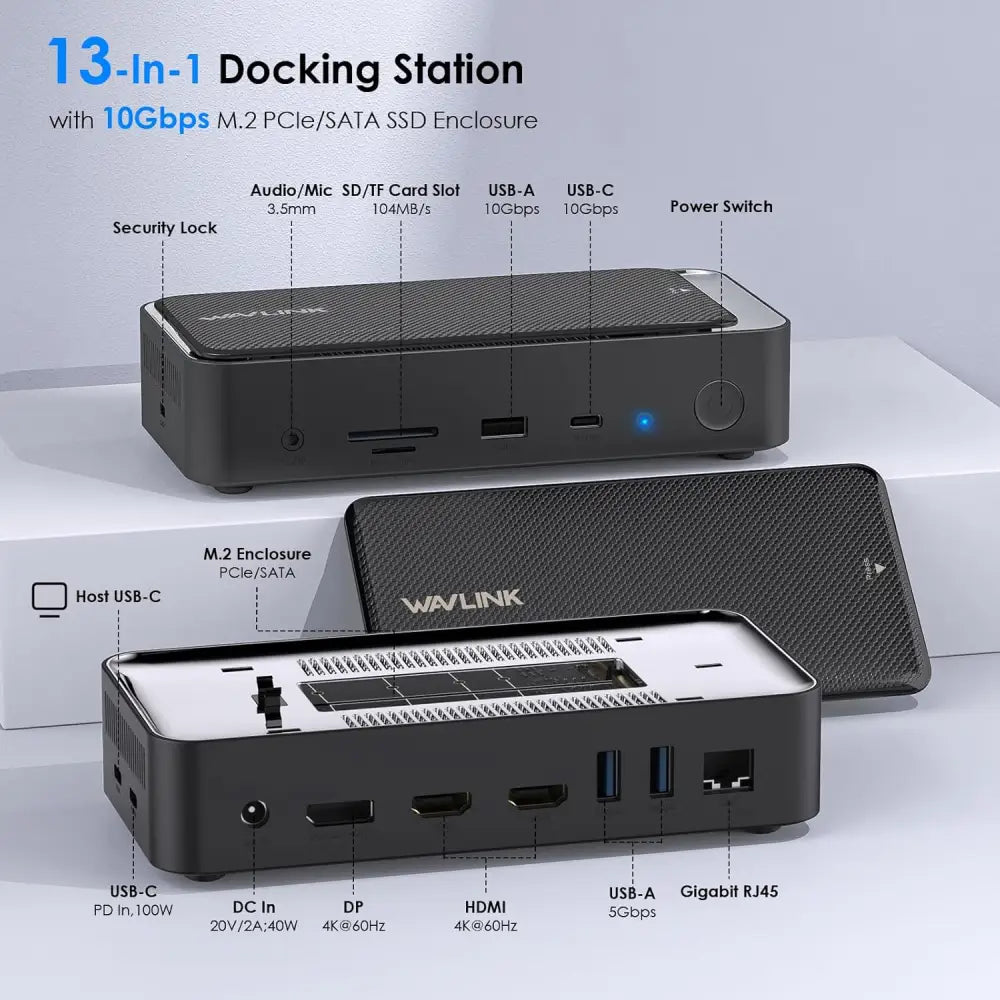 WAVLINK USB C Docking Station 3 Monitors 13 in 1 Hub with 10Gbps M.2 PCIe/SATA SSD Enclosure Expands MacBook/Mac mini
