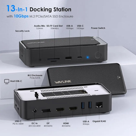 WAVLINK USB C Docking Station 3 Monitors 13 in 1 Hub with 10Gbps M.2 PCIe/SATA SSD Enclosure Expands MacBook/Mac mini