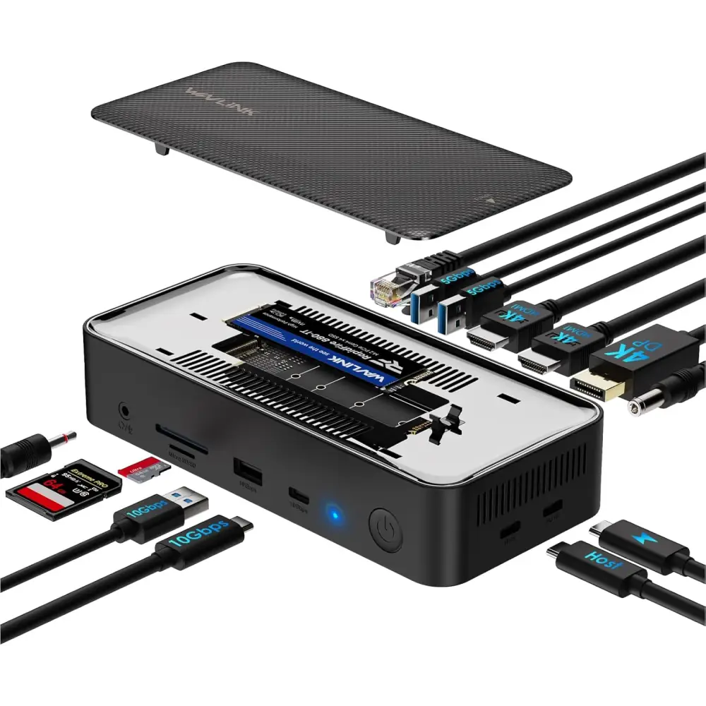 WAVLINK USB C Docking Station 3 Monitors 13 in 1 Hub with 10Gbps M.2 PCIe/SATA SSD Enclosure Expands MacBook/Mac mini