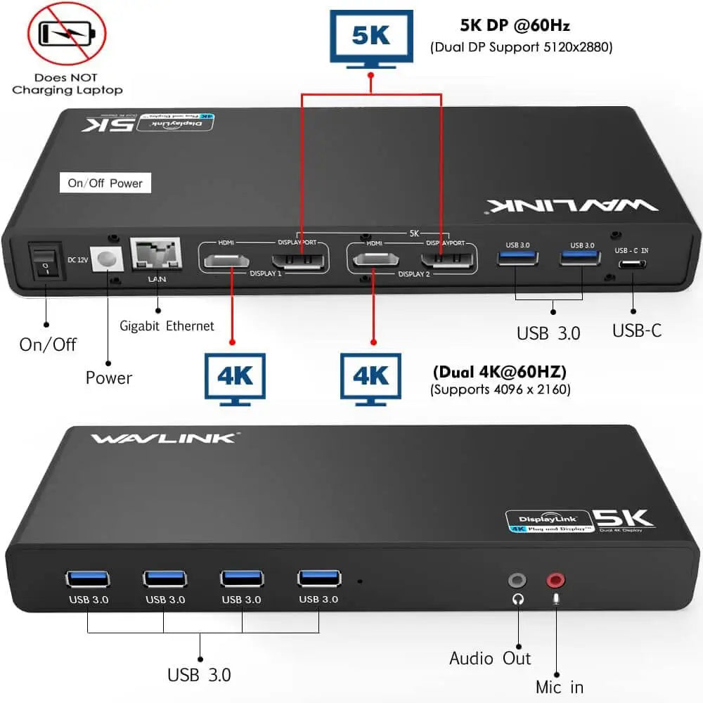 WAVLINK USB C/USB 3.0 Universal Docking Station Single 5K Dual 4K Display 2xHDMI 2xDisplayport 6xUSB3.0 USB-C Gigabit
