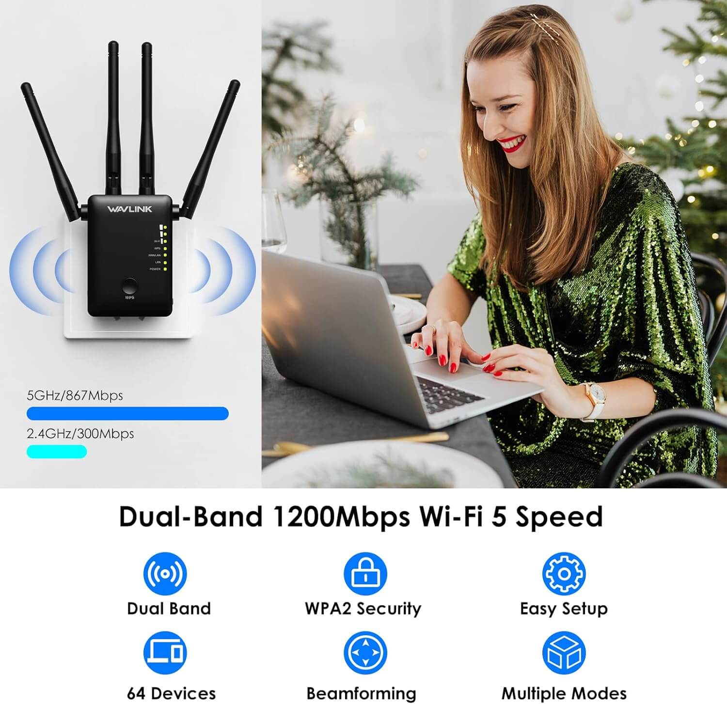 WAVLINK Wi-Fi Range Extender AC1200 Wireless WiFi Booster AP Access Point WiFi Repeater Signal Booster with Dual Band