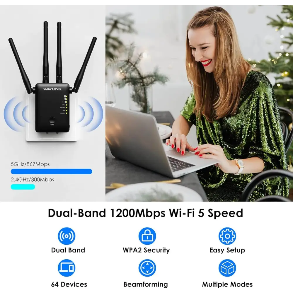 WAVLINK Wi-Fi Range Extender AC1200 Wireless WiFi Booster AP Access Point Repeater Signal with Dual Band 5Ghz 2.4Ghz