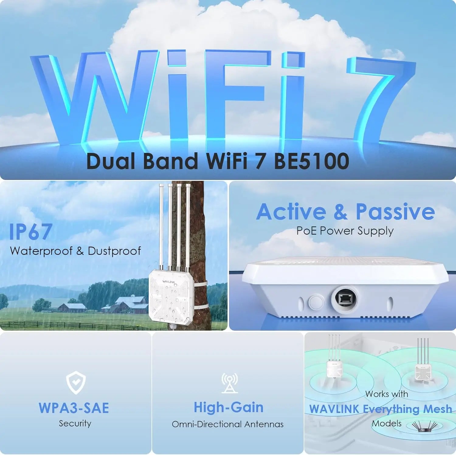 WAVLINK WiFi 7 BE5100 Outdoor Extender Dual Band Long-Range Repeater| Access Point| Mesh Router POE Powered IP67