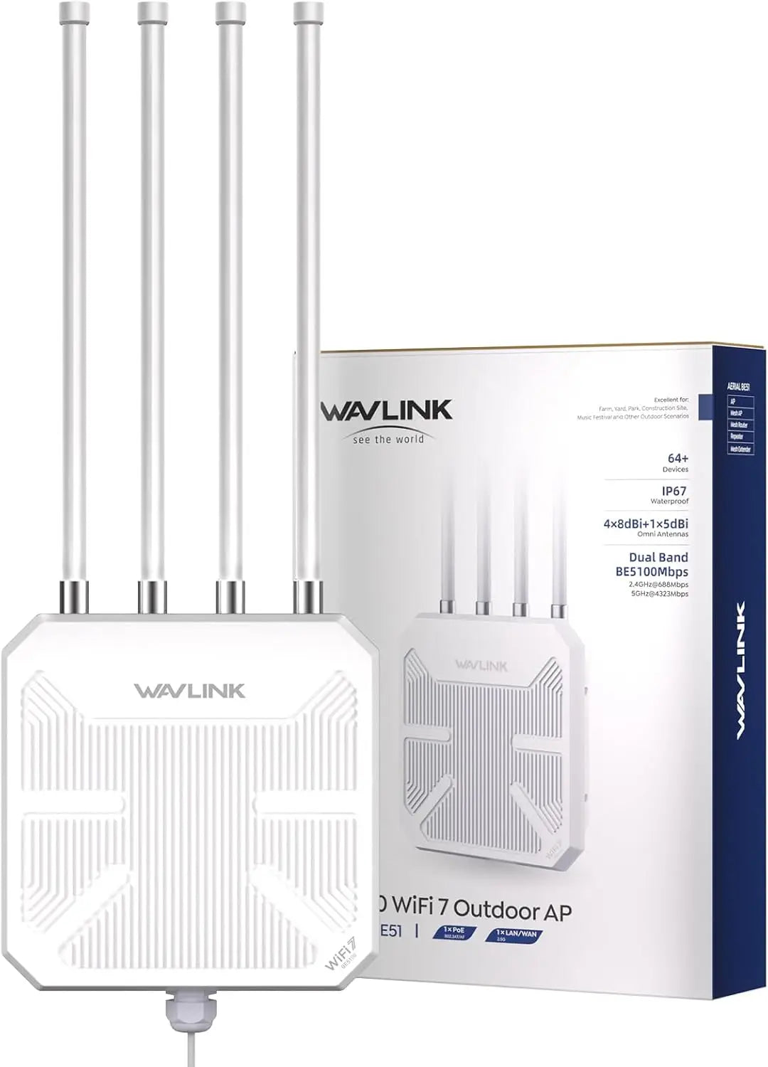 WAVLINK WiFi 7 BE5100 Outdoor Extender Dual Band Long-Range Repeater| Access Point| Mesh Router POE Powered IP67