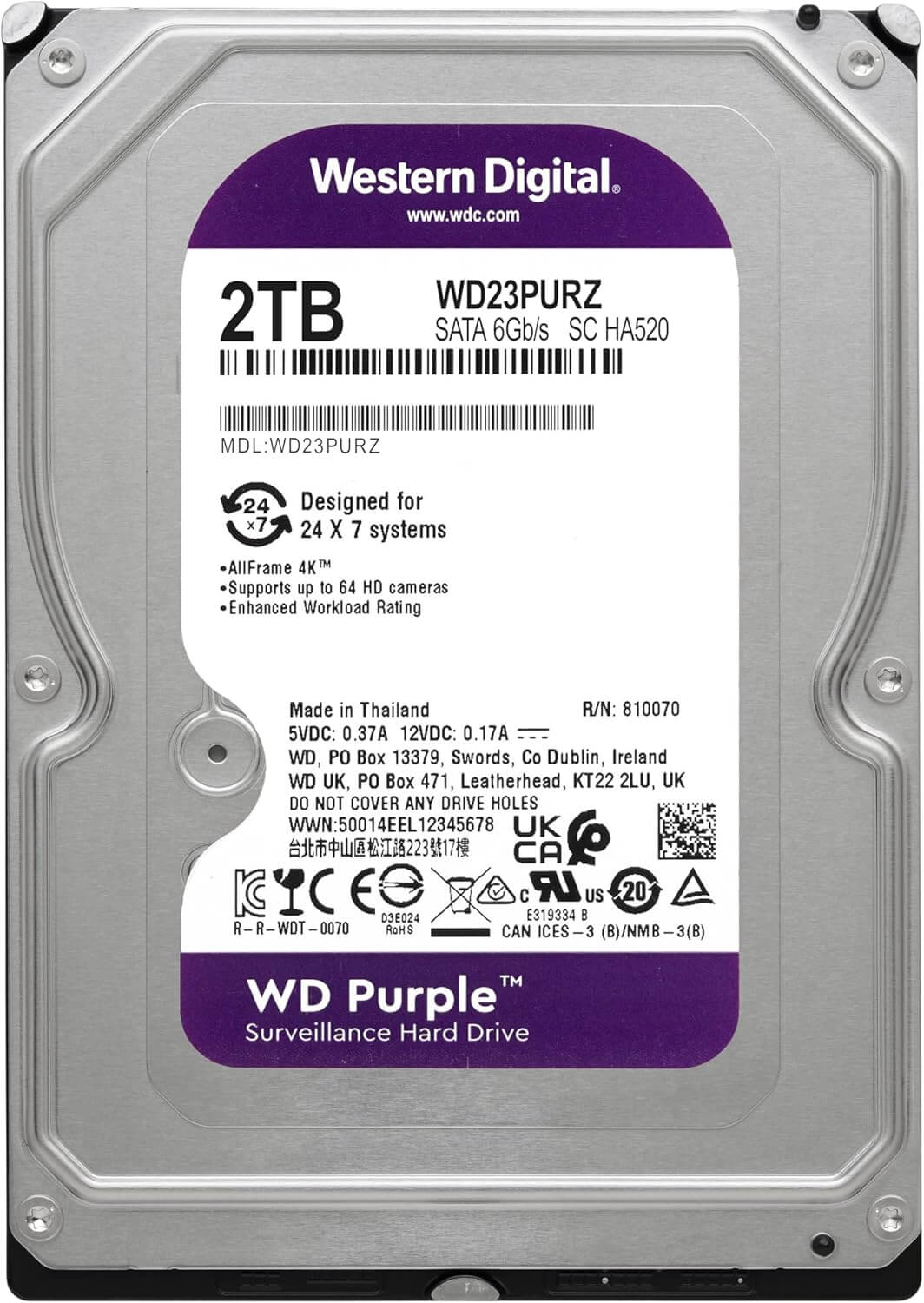 Western Digital 2TB WD Purple Surveillance Internal Hard Drive HDD - SATA 6 Gb/s 64 MB Cache 3.5’’