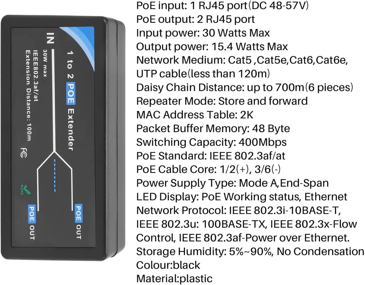 YUPVM 2 Port POE Extender 10/100Mbps with IEEE 802.3Af Standard Input/Output for IP Camera Extend 100 Meters for POE Range