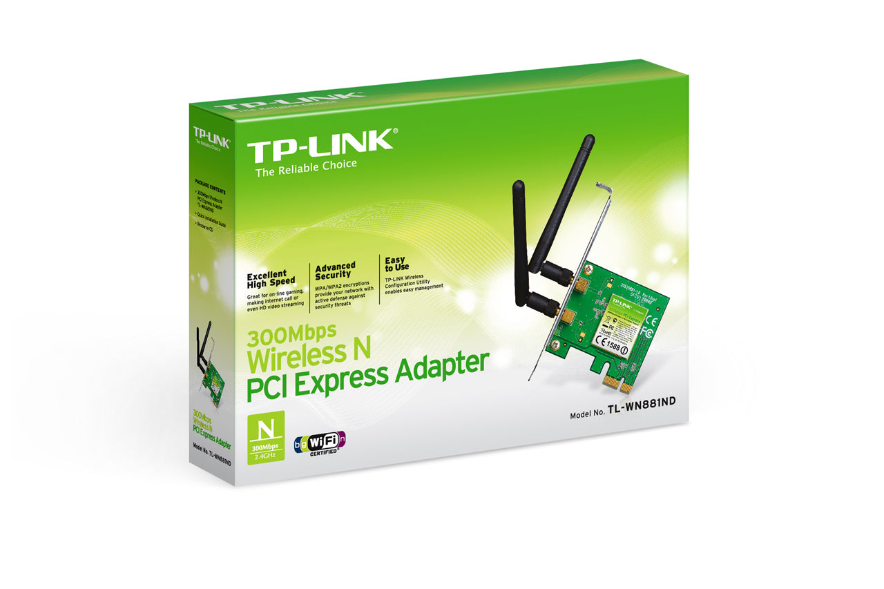 TP-LINK TL-WN881ND-300MBPS WIRELESS N WIFI PCIE PCI EXPRESS ADAPTER, ATHEROS, 2T2R, 2.4GHZ, 802.11N/G/B, 2 DETACHABLE ANTENNAS
